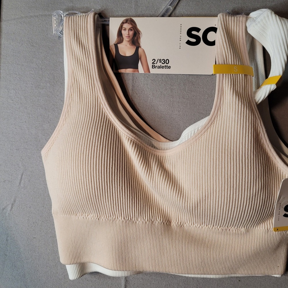 SO Goods for Life 2-Pack Ribbed Seamless Bralettes Tan White Size Small NWT